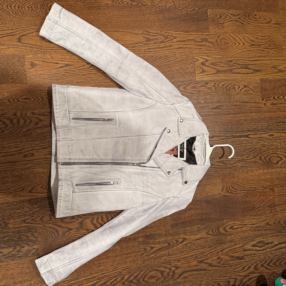 New with tags white and grey distressed real leather jacket size medium.